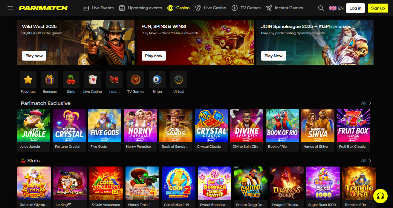 Online-Casino-Lobby von Parimatch mit beliebten Slots