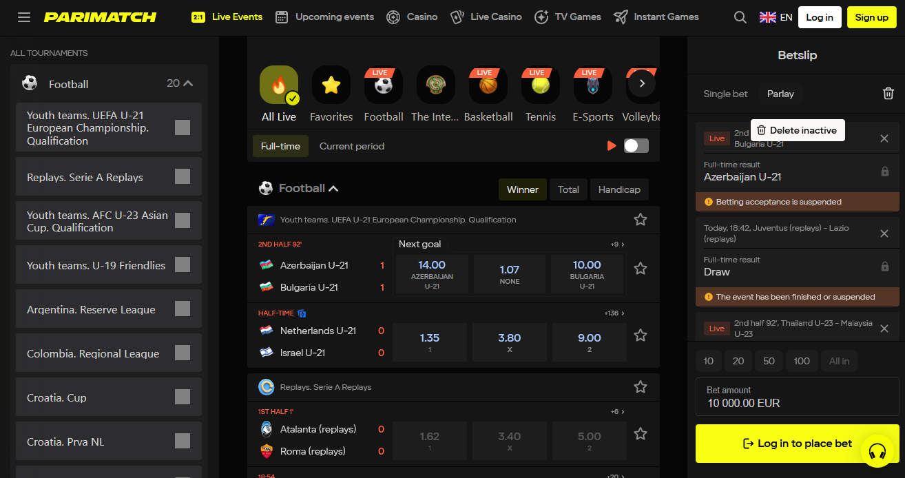 Live-Wetten-Ansicht mit dynamischen Quoten bei Parimatch