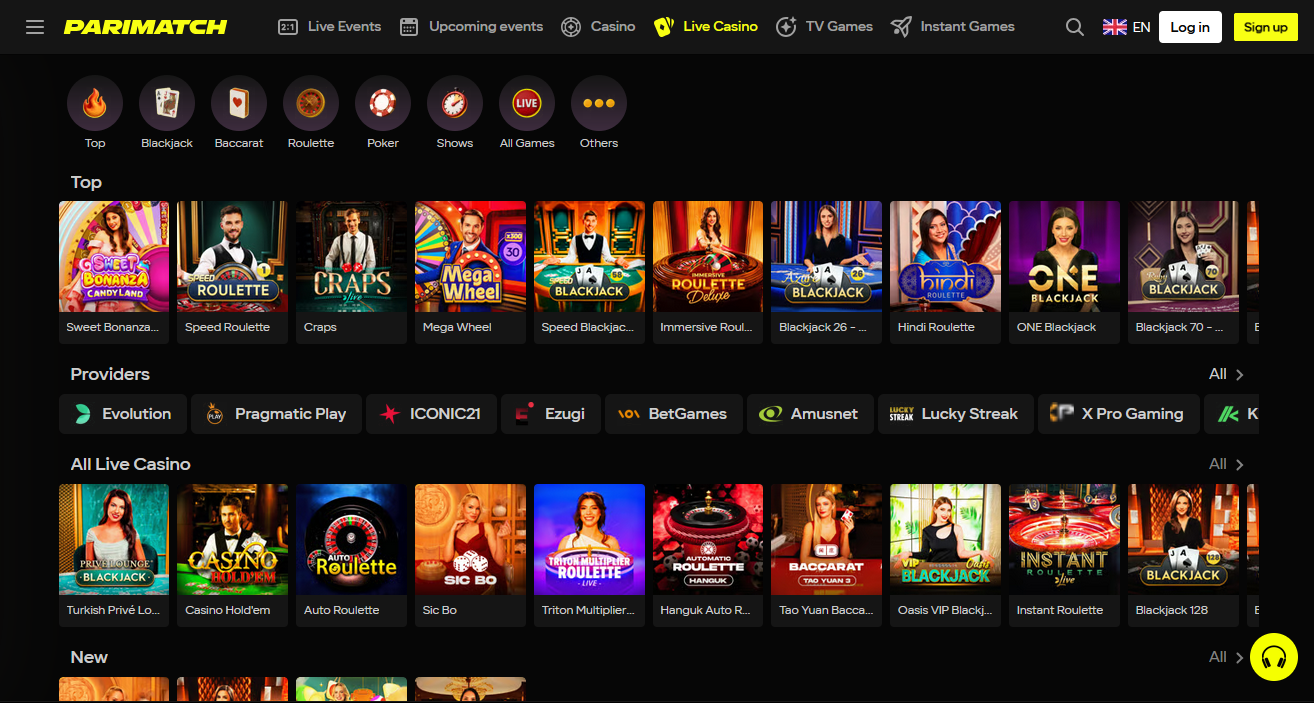 Live-Casino-Sektion mit echten Dealern bei Parimatch Austria