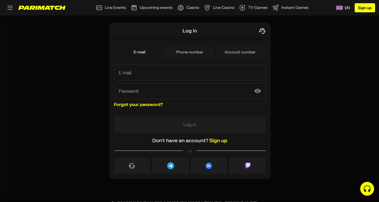 Login-Seite zur Anmeldung auf der Parimatch-Plattform