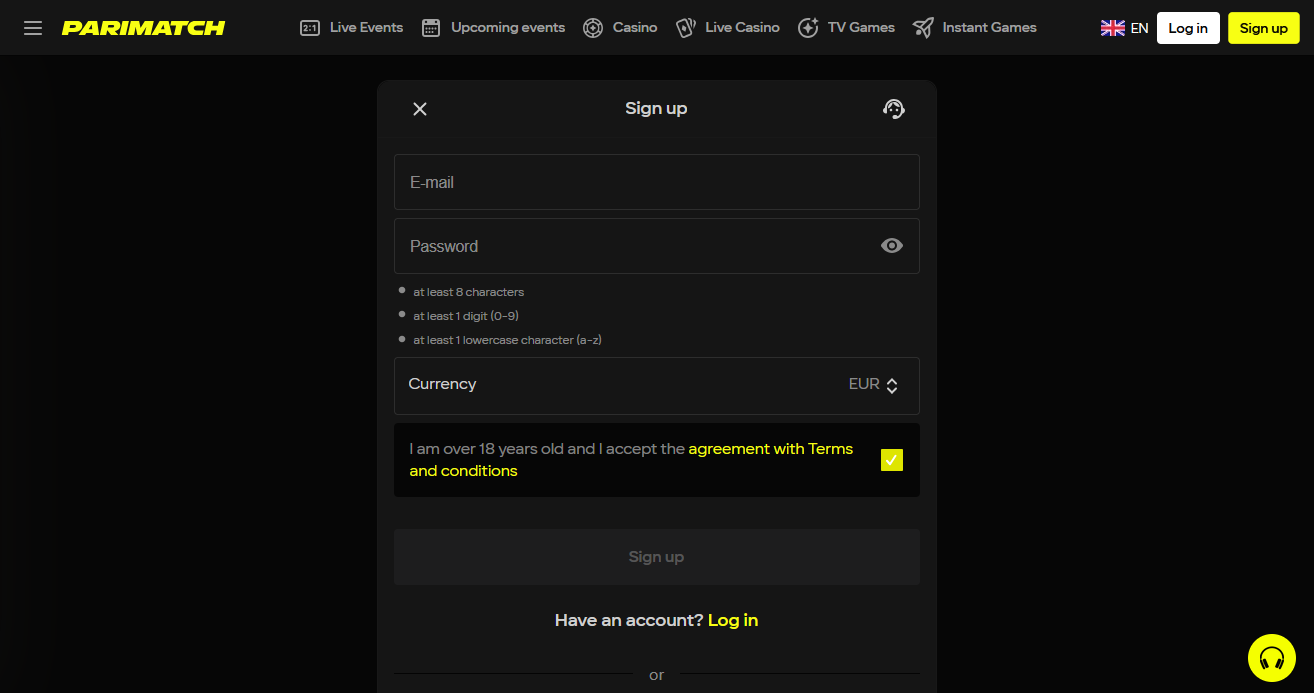 Registrierungsformular für neue Nutzer bei Parimatch